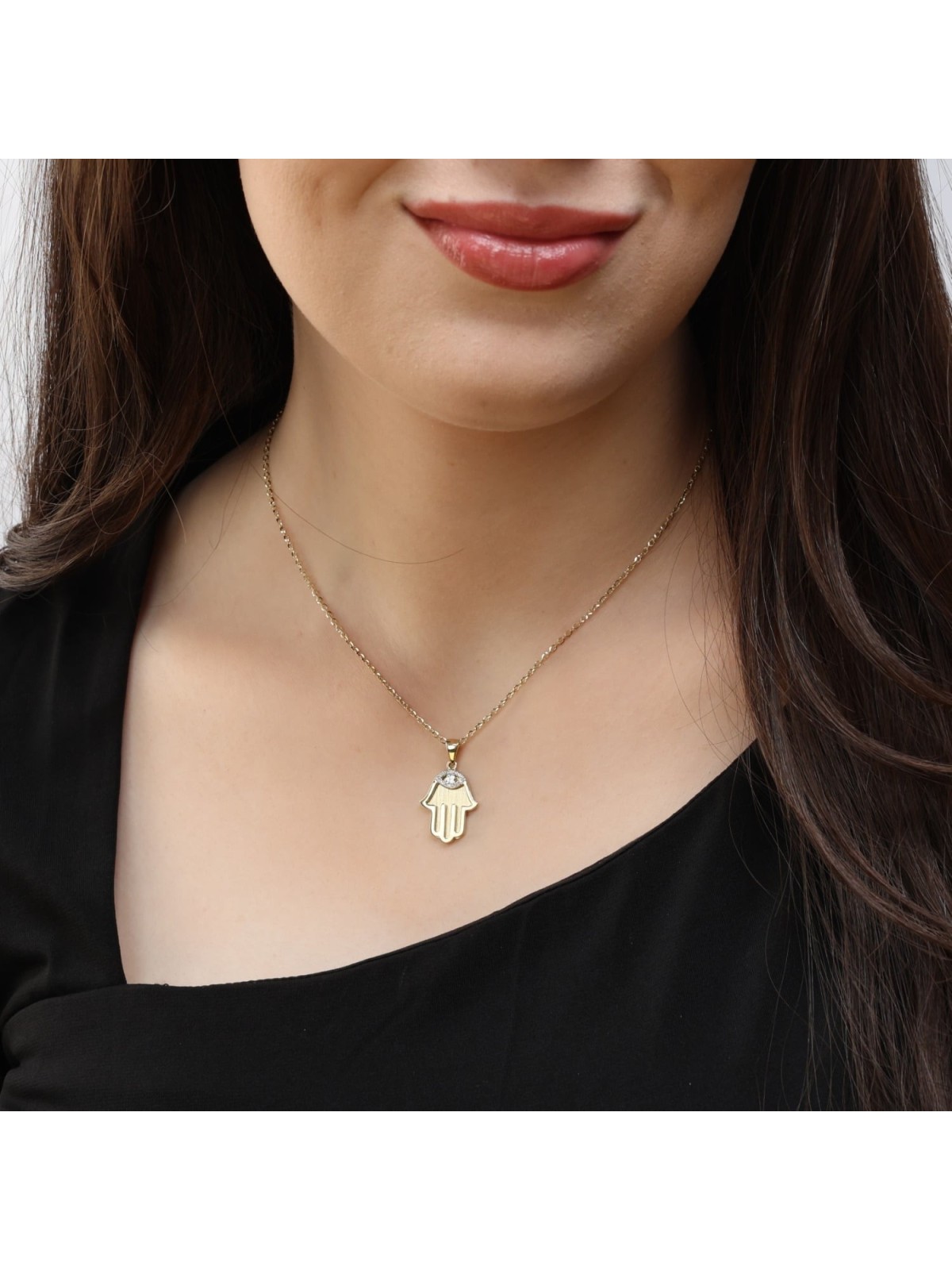 14K Yellow Gold Hamsa Pendant with Diamond Evil Eye - Large