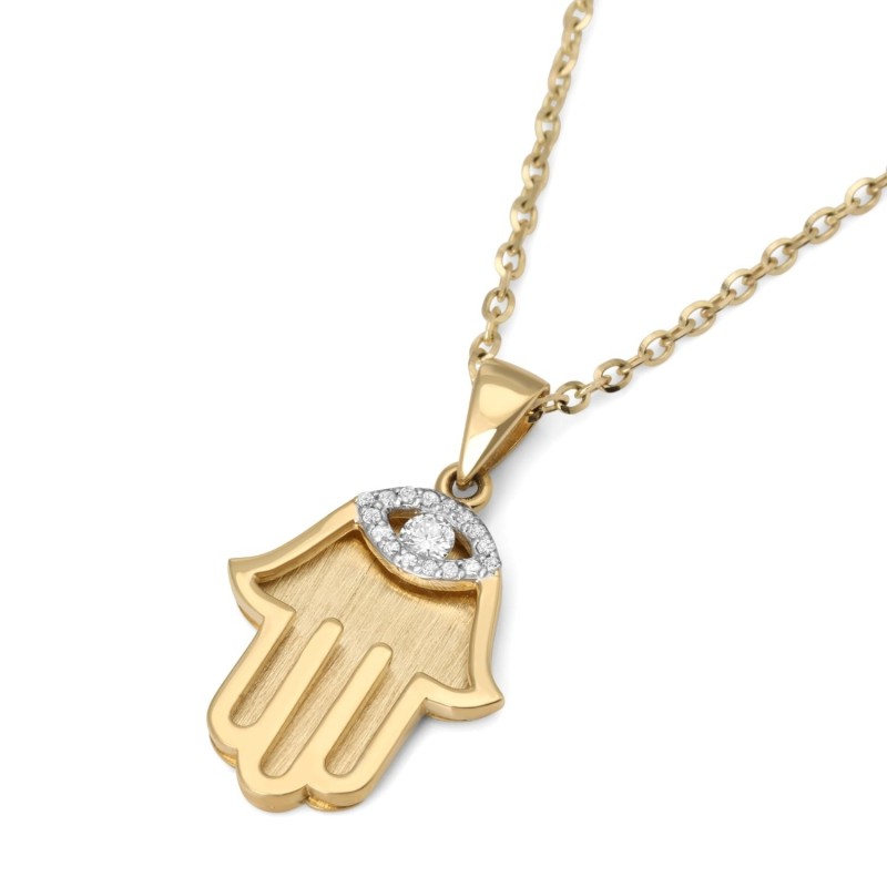 Pendentif Hamsa en or jaune 14 carats avec diamant mauvais œil - Grand