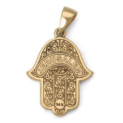 14K Yellow Gold Hamsa Pendant with Diamond Evil Eye - Large
