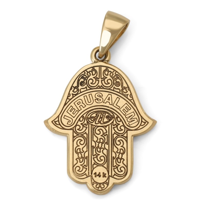 Pendentif Hamsa en or jaune 14 carats avec diamant mauvais œil - Grand