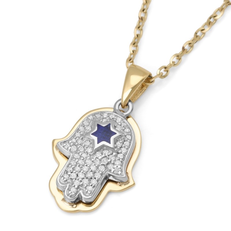 Anbinder Jewelry Pendentif Hamsa en or 14 carats avec étoile en émail bleu