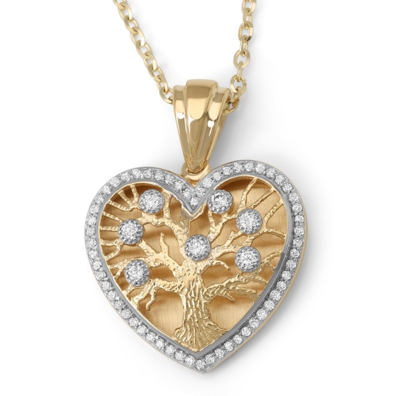 14K Gold Heart-Shaped Tree of Life Pendant with Diamonds - Color Optio