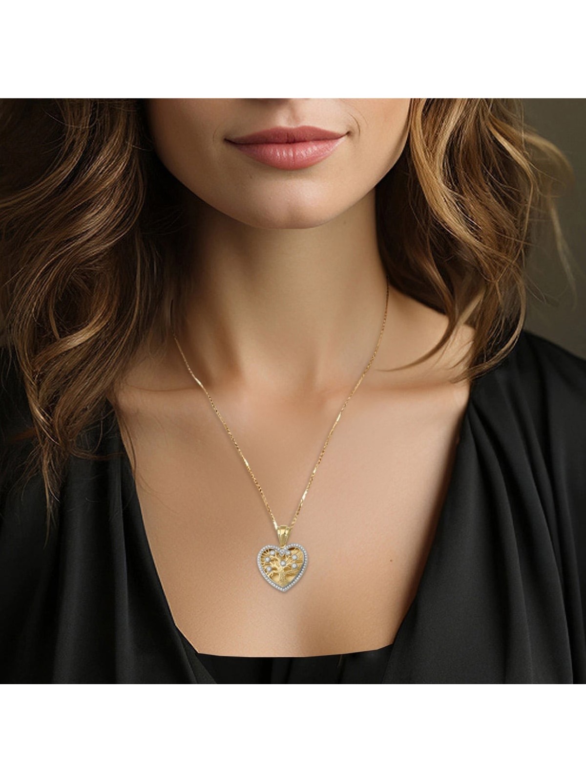 14K Gold Heart-Shaped Tree of Life Pendant with Diamonds - Color Optio