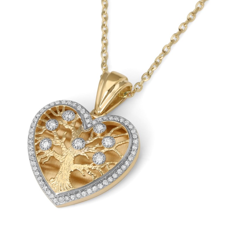 Pendentif arbre de vie en forme de cœur en or 14 carats avec diamants - Couleur Optio