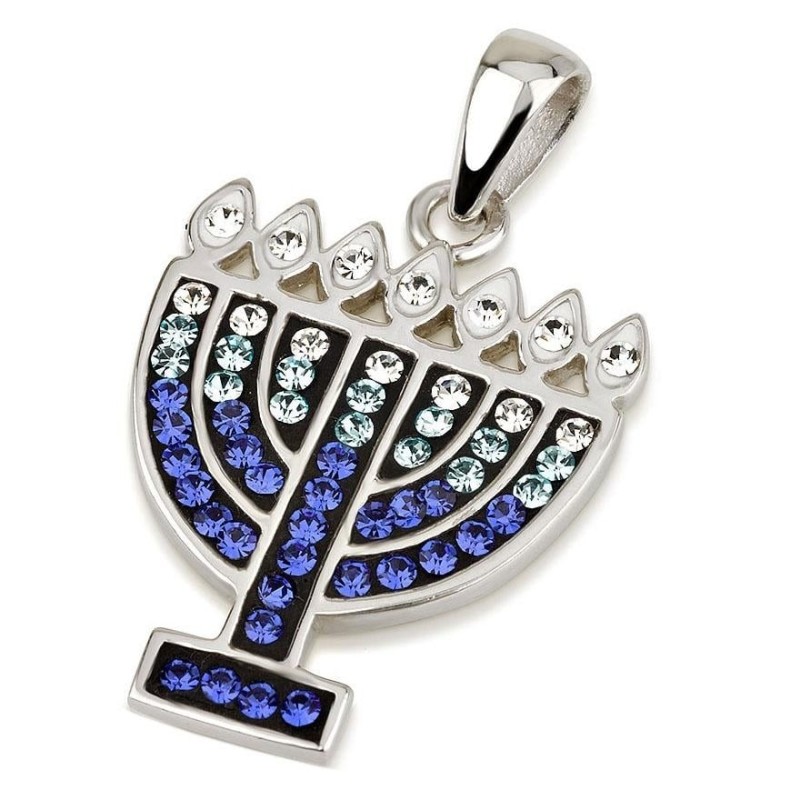 Pendentif Menorah en Argent Sterling 925 avec Pierres de Cristal (Choix de Col