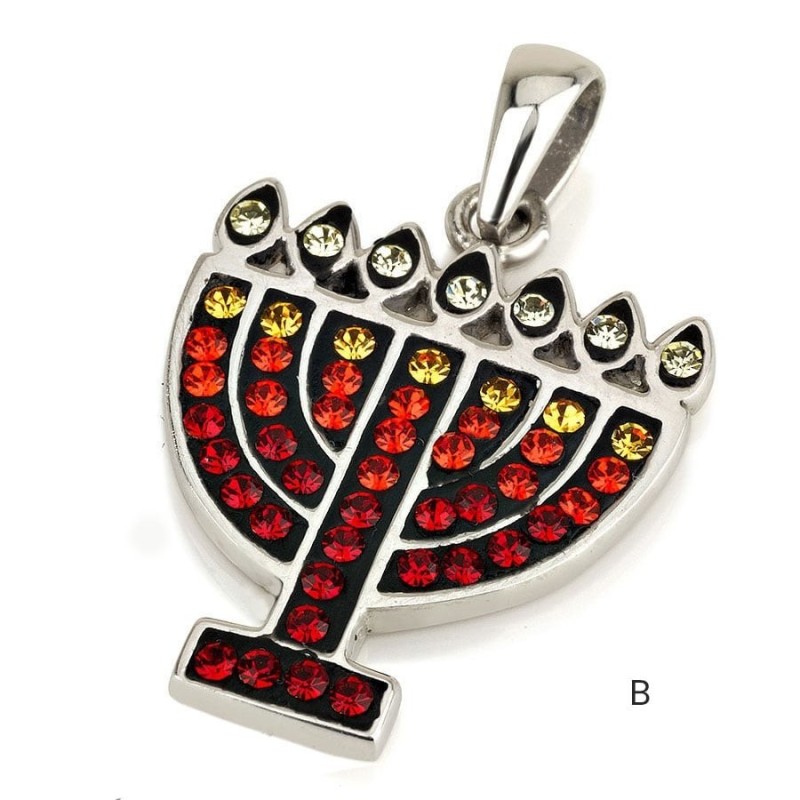 Pendentif Menorah en Argent Sterling 925 avec Pierres de Cristal (Choix de Col