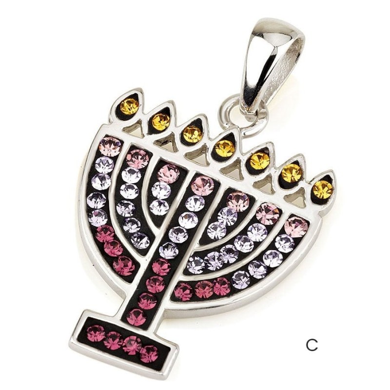 Pendentif Menorah en Argent Sterling 925 avec Pierres de Cristal (Choix de Col