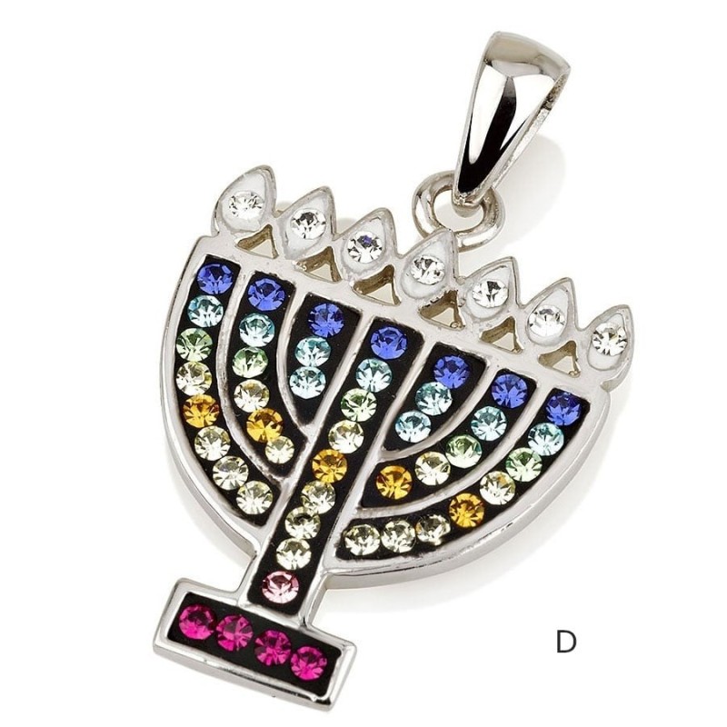 925 Sterling Silver Menorah Pendant with Crystal Stones (Choice of Col