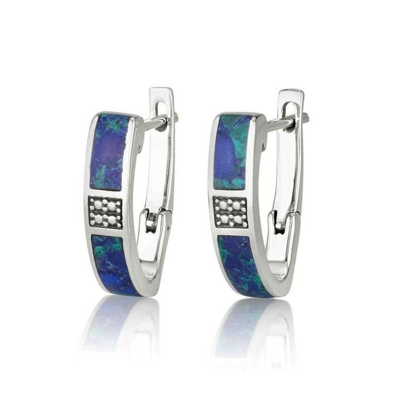 Sterling Silver & Eilat Stone English Lock Earrings With Square Diamon