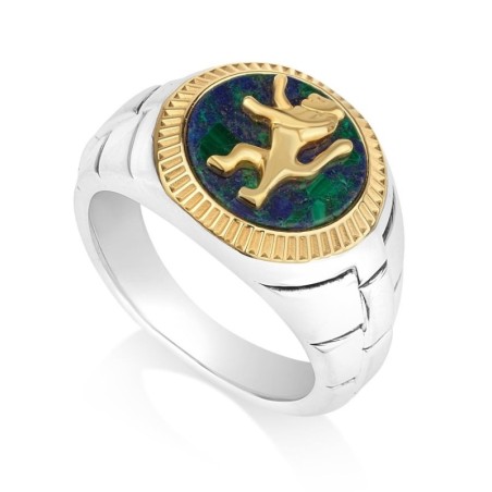 Men's Sterling Silver Kotel and Gold-Plated Lion of Judah Ring with Ei
