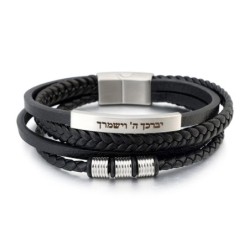 Men's Priestly Blessing Beaded Black Leather Bracelet with Magnetic Cl