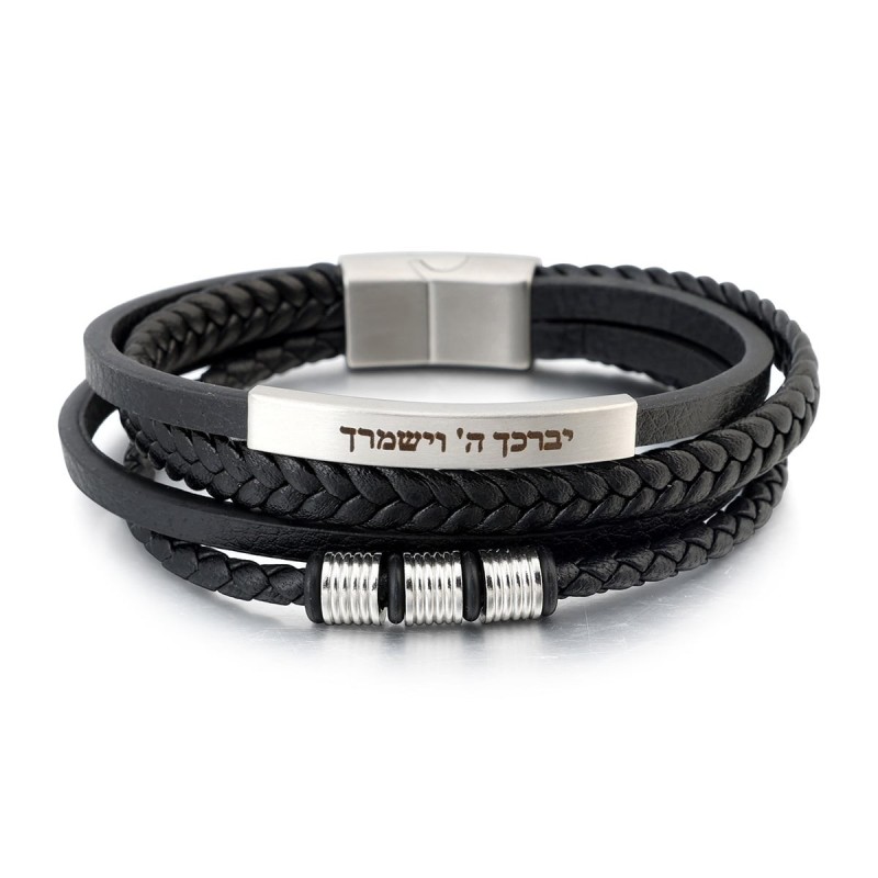 Men's Priestly Blessing Beaded Black Leather Bracelet with Magnetic Cl