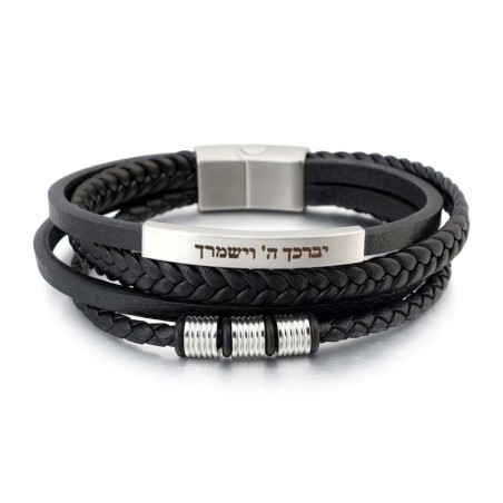 Men's Priestly Blessing Beaded Black Leather Bracelet with Magnetic Cl