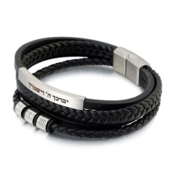 Men's Priestly Blessing Beaded Black Leather Bracelet with Magnetic Cl