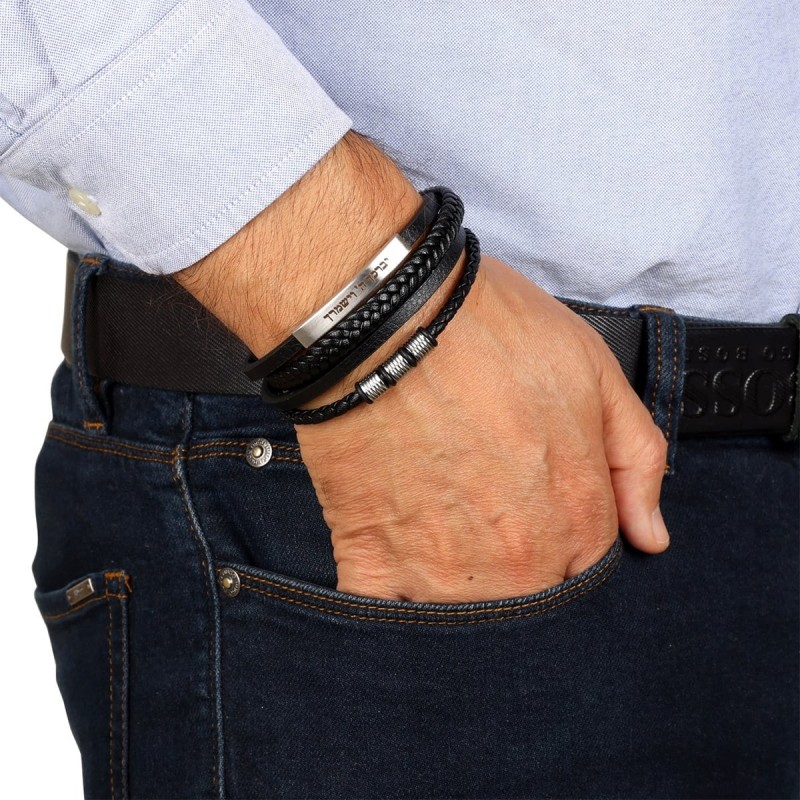 Bracelet en cuir noir perlé de bénédiction sacerdotale pour hommes avec fermoir magnétique