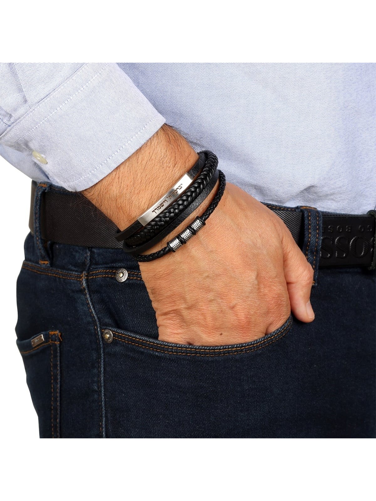 Men's Priestly Blessing Beaded Black Leather Bracelet with Magnetic Cl