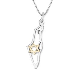 Two-Tone Sterling Silver and 9K Gold Map of Israel Pendant with Star o