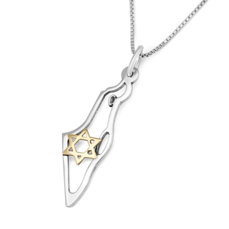 Pendentif carte d'Israël bicolore en argent sterling et or 9 carats avec étoile o