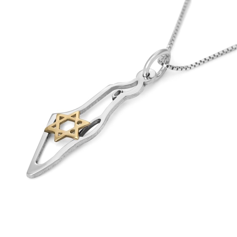 Pendentif carte d'Israël bicolore en argent sterling et or 9 carats avec étoile o