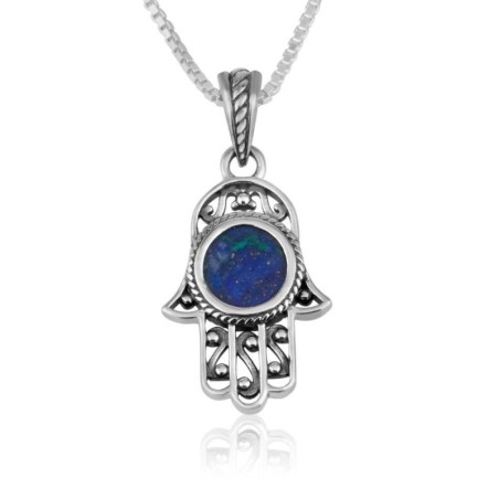Sterling Silver and Eilat Stone Hamsa Necklace With Filigree Design