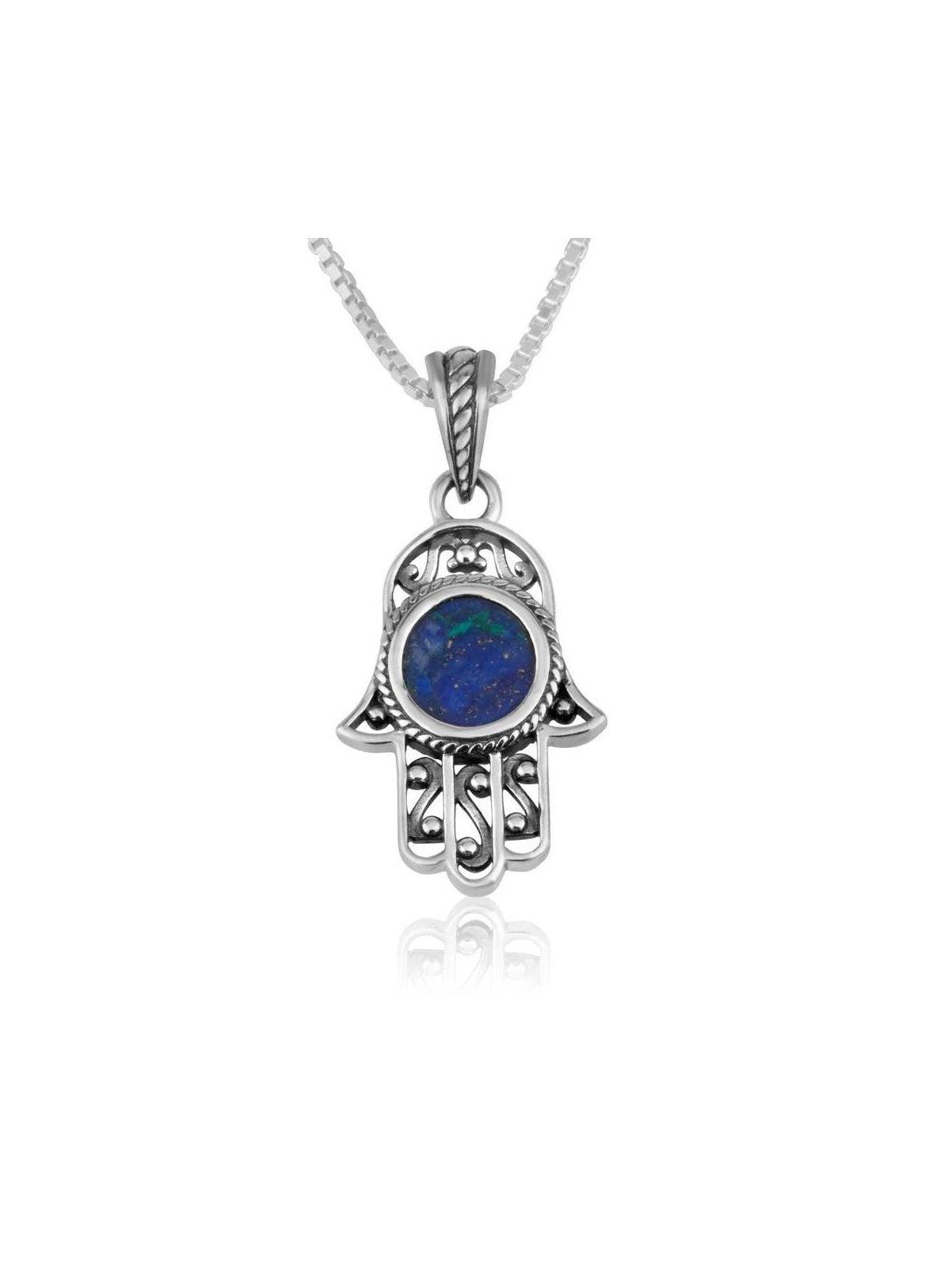 Sterling Silver and Eilat Stone Hamsa Necklace With Filigree Design