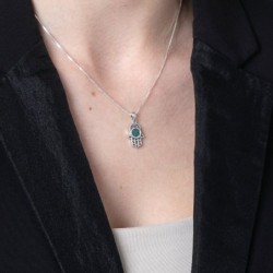 Sterling Silver and Eilat Stone Hamsa Necklace With Filigree Design
