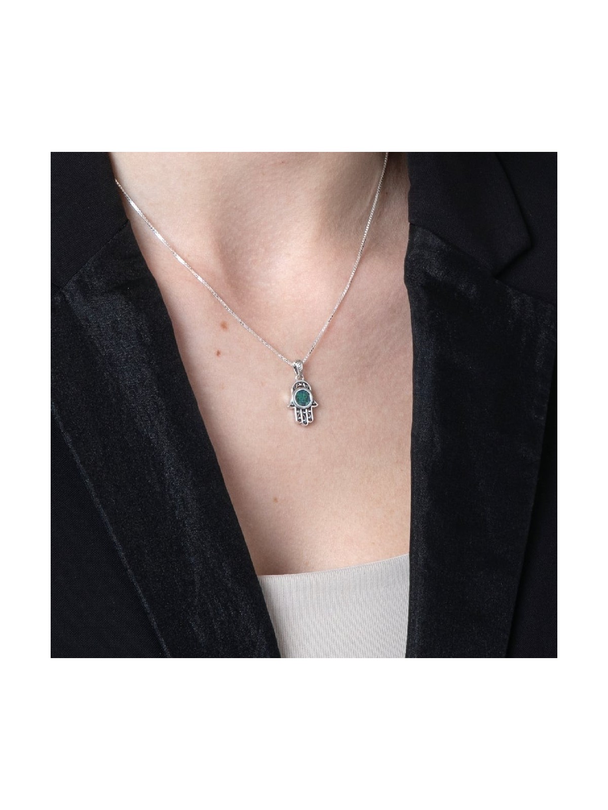 Sterling Silver and Eilat Stone Hamsa Necklace With Filigree Design