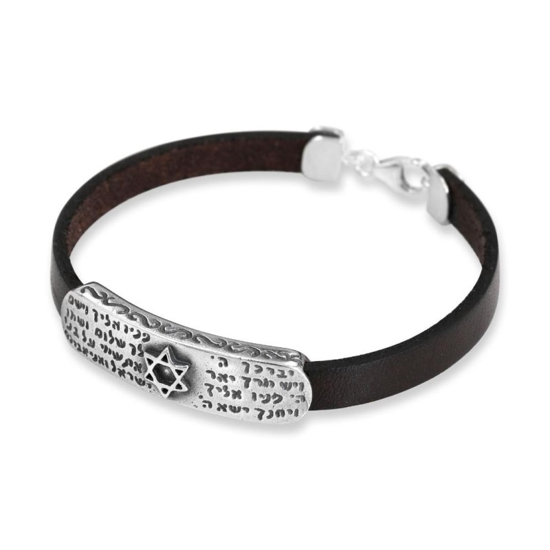 Bracelet en argent sterling avec bénédiction sacerdotale et étoile de David sur cuir
