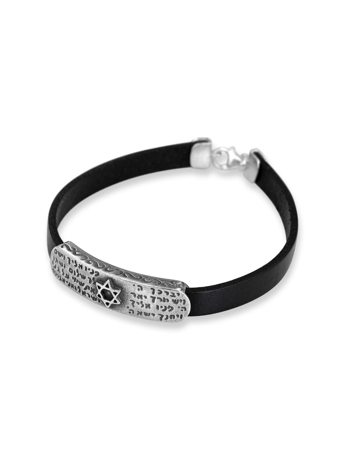 Bracelet en argent sterling avec bénédiction sacerdotale et étoile de David sur cuir