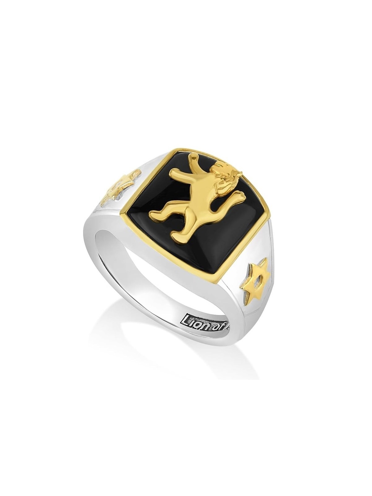 Men's Gold-Plated Lion of Judah Sterling Silver Ring with Onyx