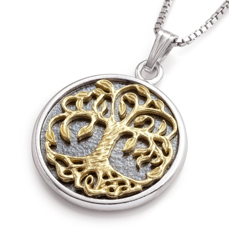 Collier arbre de vie fabriqué à la main en argent sterling et or 14 carats
