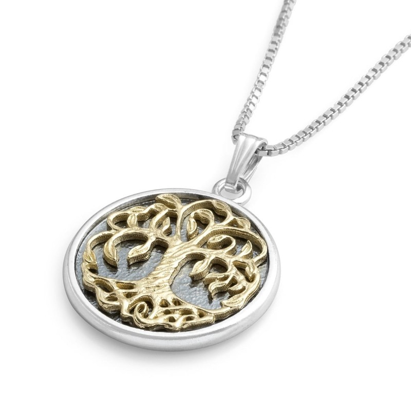 Collier arbre de vie fabriqué à la main en argent sterling et or 14 carats