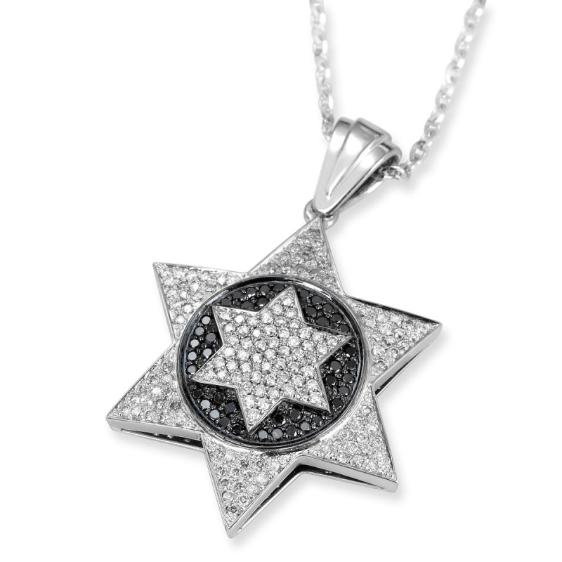 Pendentif étoile de David en or blanc 14 carats rehaussé de 191 D blanc et noir