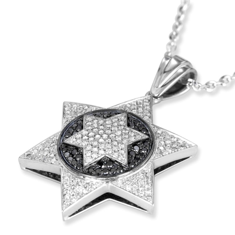 Pendentif étoile de David en or blanc 14 carats rehaussé de 191 D blanc et noir