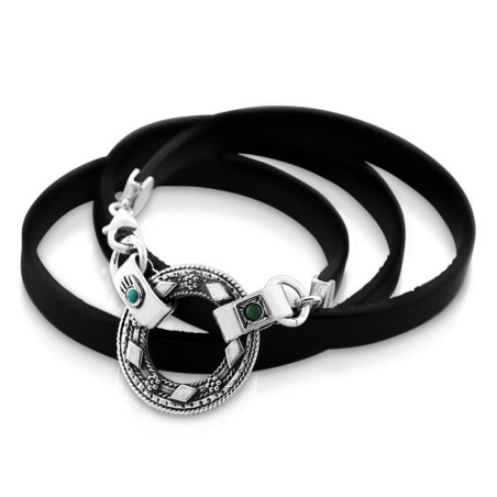 Bracelet en argent sterling et cuir avec Hamsa et inscription biblique