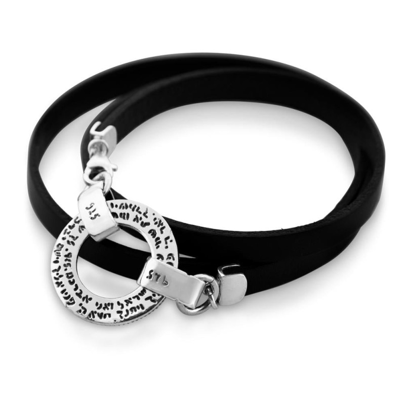 Bracelet en argent sterling et cuir avec Hamsa et inscription biblique