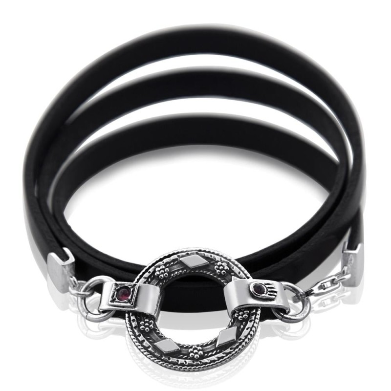 Bracelet en argent sterling et cuir avec Hamsa et inscription biblique