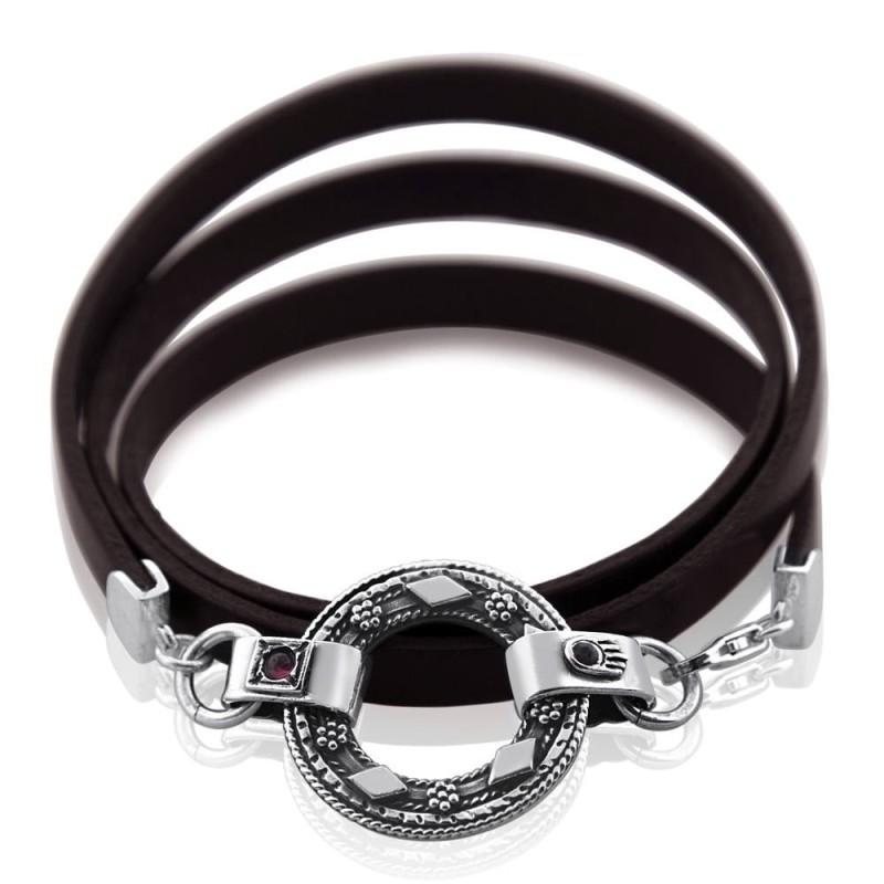 Bracelet en argent sterling et cuir avec Hamsa et inscription biblique