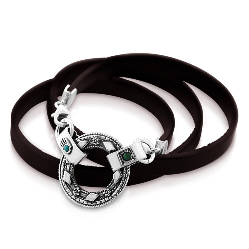 Bracelet en argent sterling et cuir avec Hamsa et inscription biblique