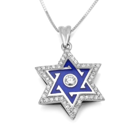 Collier pendentif étoile de David en or blanc 14 carats rehaussé de diamants avec Bl