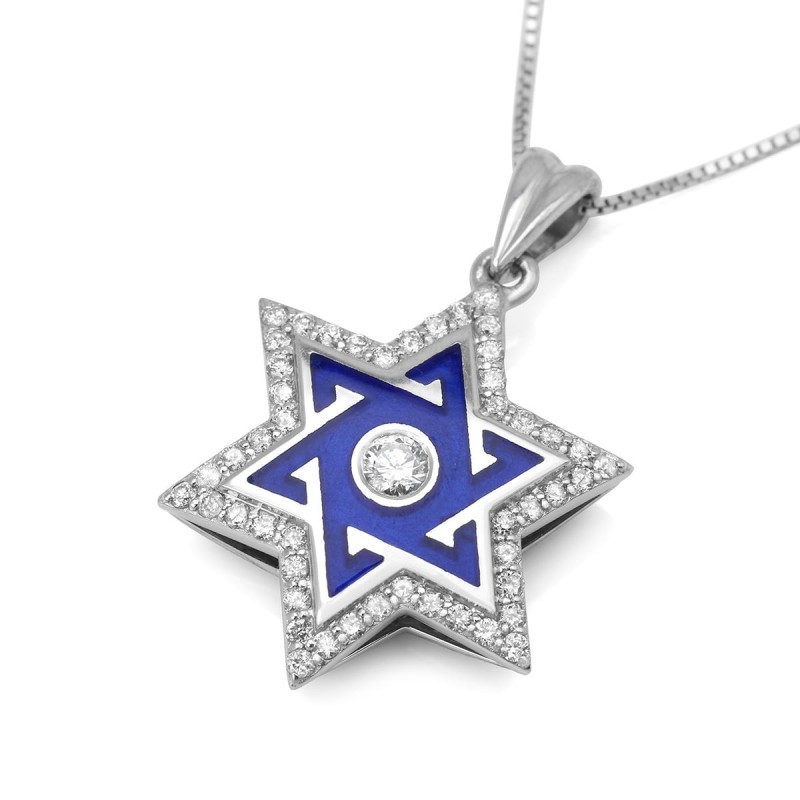 Collier pendentif étoile de David en or blanc 14 carats rehaussé de diamants avec Bl
