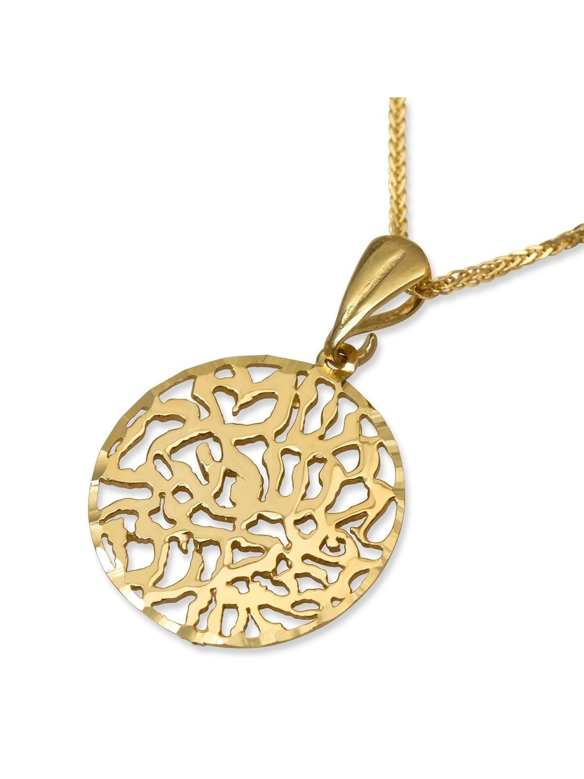 Collier pendentif rond Shema Yisrael en or jaune 14 carats