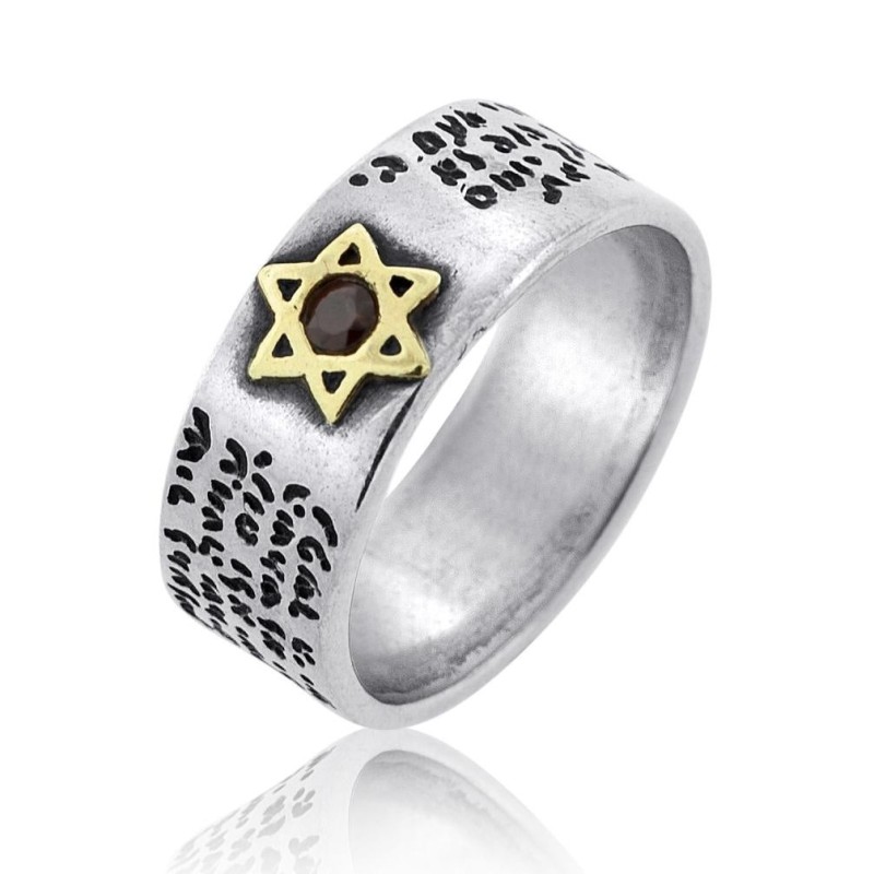 Traveler's Psalm: Silver and Gold Star of David Ring with Garnet