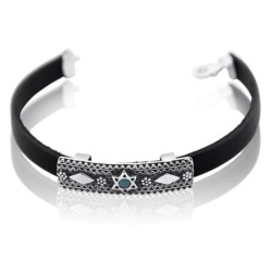 Sterling Silver and Leather Unisex Star of David Bracelet with Gemston