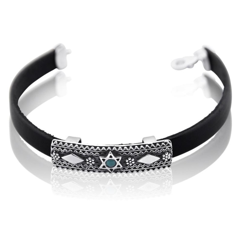 Sterling Silver and Leather Unisex Star of David Bracelet with Gemston