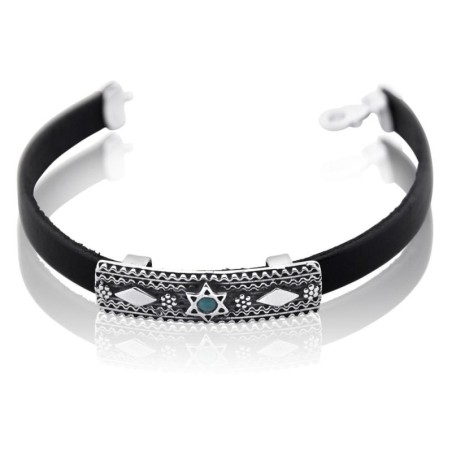 Sterling Silver and Leather Unisex Star of David Bracelet with Gemston