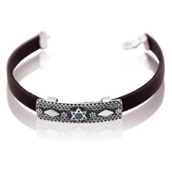Sterling Silver and Leather Unisex Star of David Bracelet with Gemston
