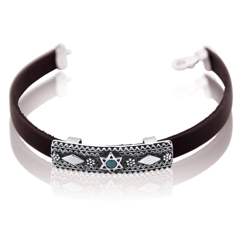 צמיד מגן דוד לשני המינים כסף סטרלינג ועור עם ג'מסטון