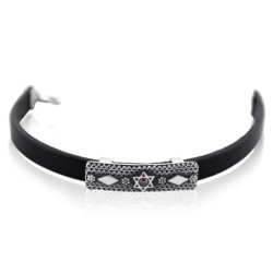 Sterling Silver and Leather Unisex Star of David Bracelet with Gemston