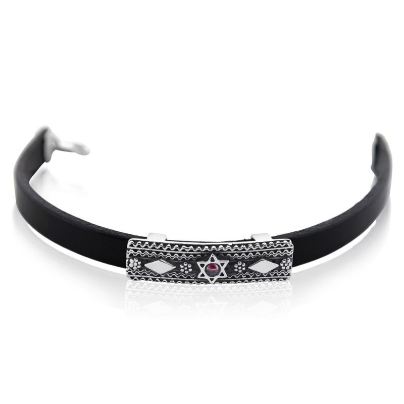 Bracelet unisexe étoile de David en argent sterling et cuir avec Gemston